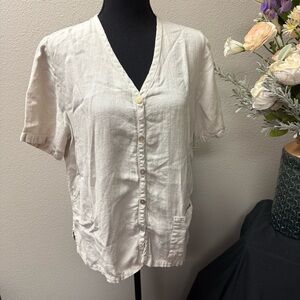 Fenini Linen Blend Button Front Blouse Women’s Large White Short Sleeve